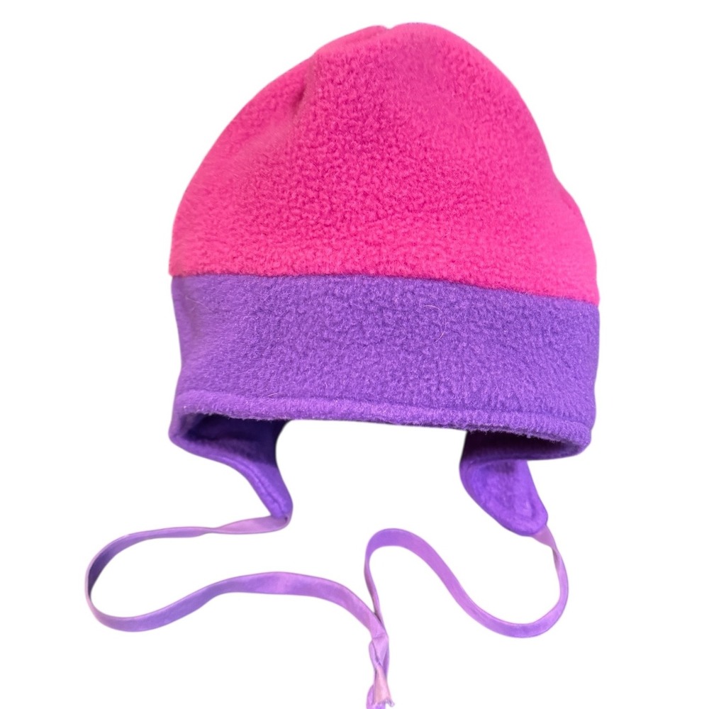 LL Bean Fleece Winter Hat Pink Purple L/XL Tie Closure Ear Flap Trapper Womens